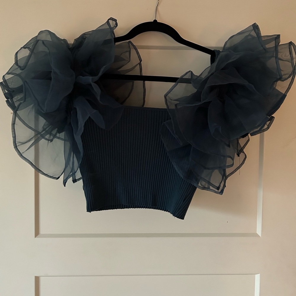 Zara Puff Sleeve Crop Top Emerald Green Size Large
